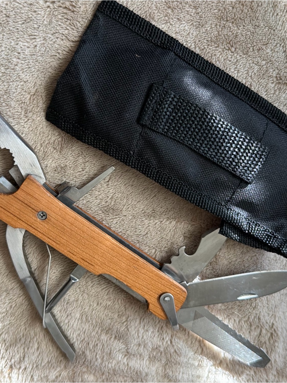 Multi-Tool Pocket Knife with Black Nylon Sheath - Brown Handle